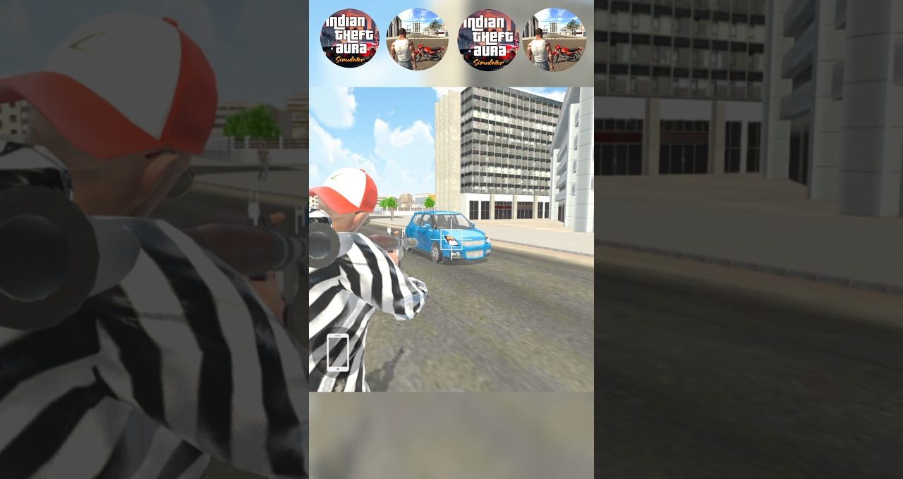 Referee-striped character aiming a rocket launcher at a blue car on city street