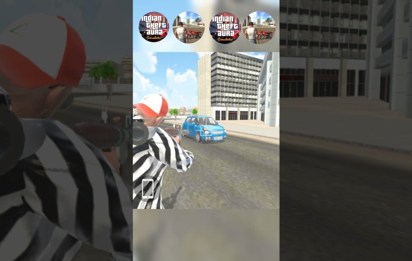 Referee-striped character aiming a rocket launcher at a blue car on city street
