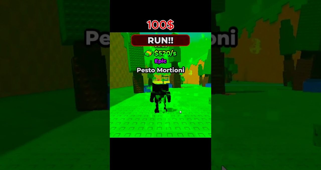 Roblox character named Pesto Mortioni running through a bright green forest level