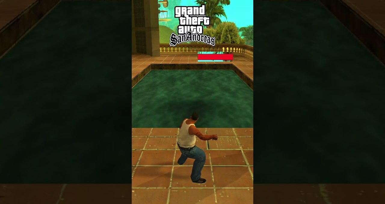 Third-person character running beside a pool under the Grand Theft Auto San Andreas logo