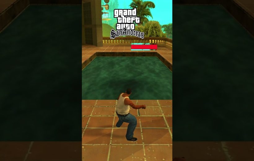 Third-person character running beside a pool under the Grand Theft Auto San Andreas logo