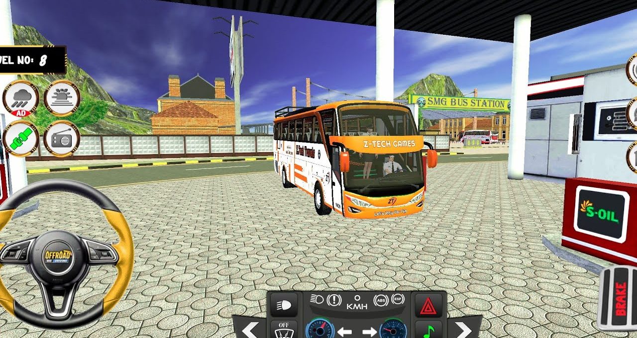Bus parked at a gas station in a colorful 3D driving game scene