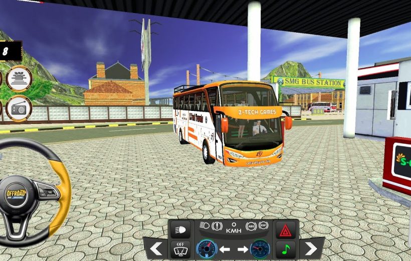 Bus parked at a gas station in a colorful 3D driving game scene