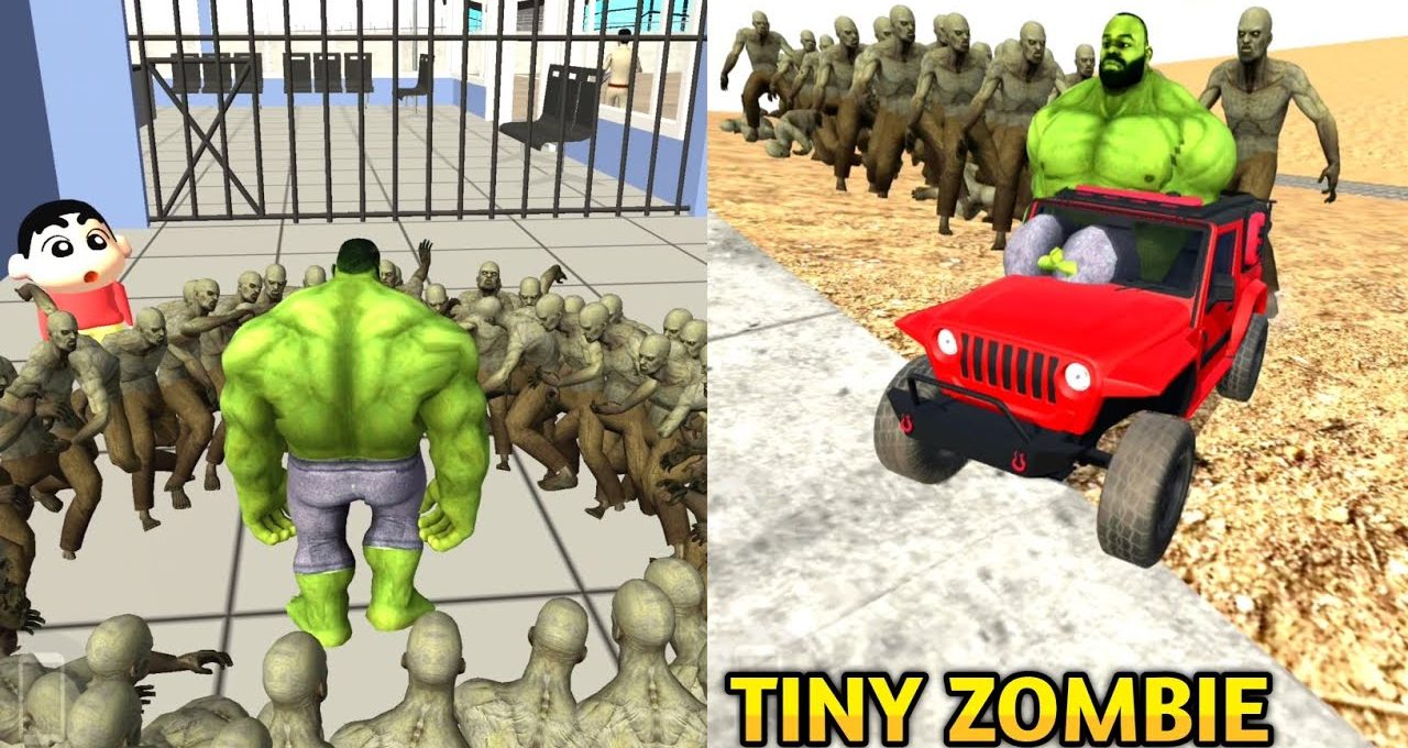 Green muscular hero surrounded by tiny zombies, also driving a red jeep.
