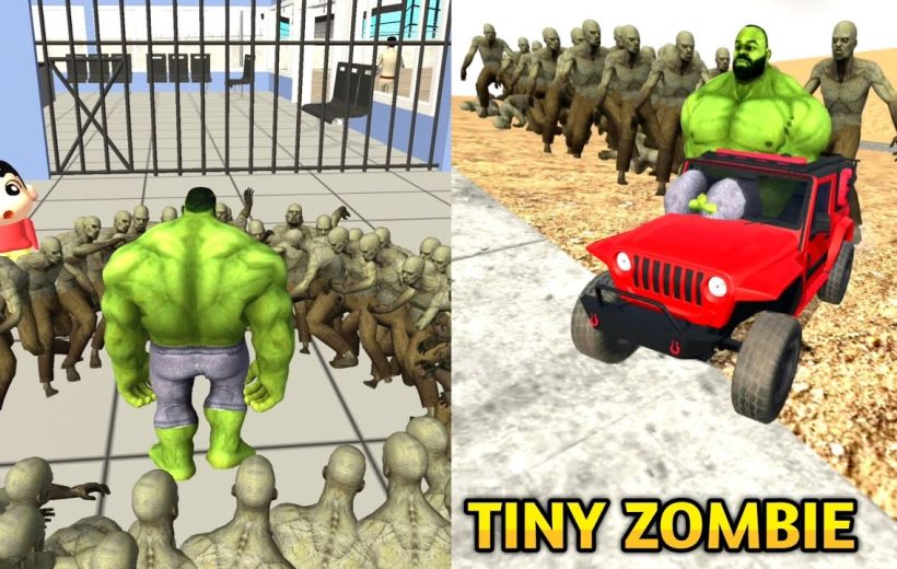 Green muscular hero surrounded by tiny zombies, also driving a red jeep.
