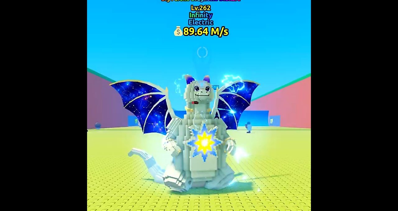 Blocky electric dragon with star emblem and cosmic wings standing on yellow platform