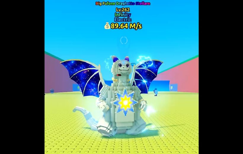 Blocky electric dragon with star emblem and cosmic wings standing on yellow platform