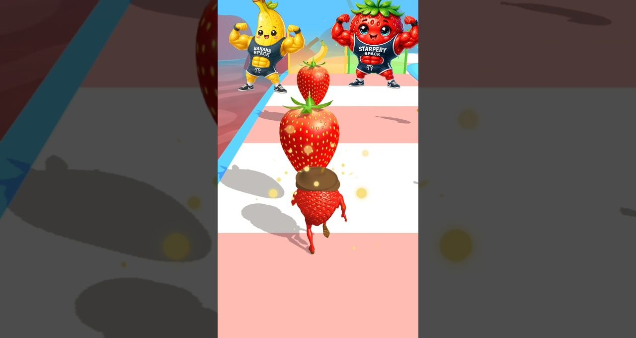 Anthropomorphic strawberries stacking while running on a game track toward cheering fruit characters