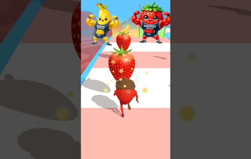 Anthropomorphic strawberries stacking while running on a game track toward cheering fruit characters