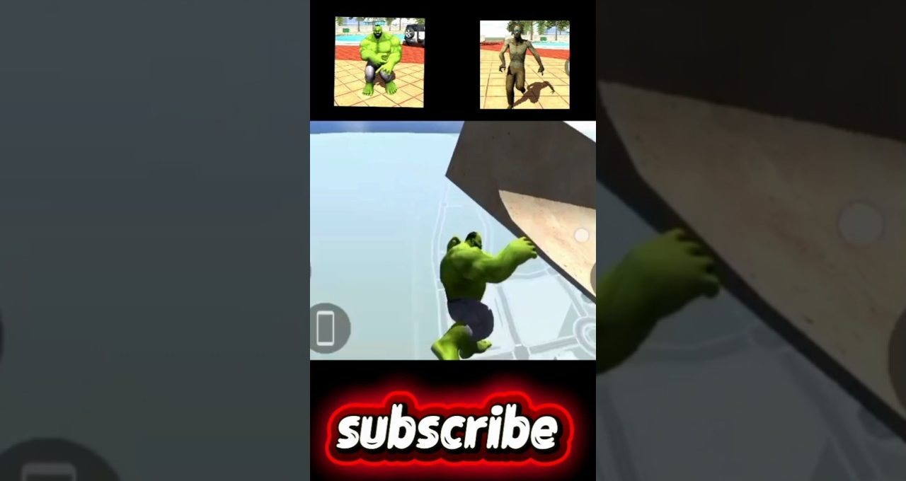 Green superhero character climbing a ledge in a mobile game with subscribe banner