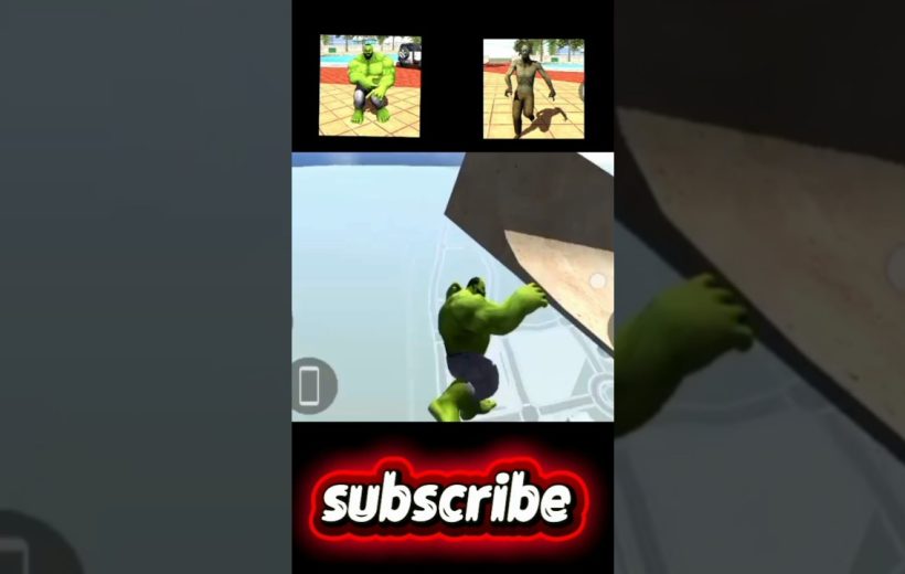 Green superhero character climbing a ledge in a mobile game with subscribe banner