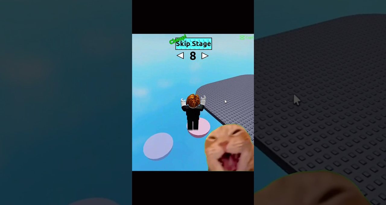 Roblox avatar jumping on floating platforms with a laughing cat meme overlay