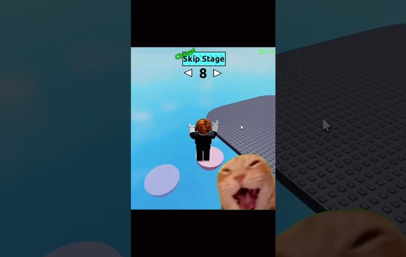 Roblox avatar jumping on floating platforms with a laughing cat meme overlay