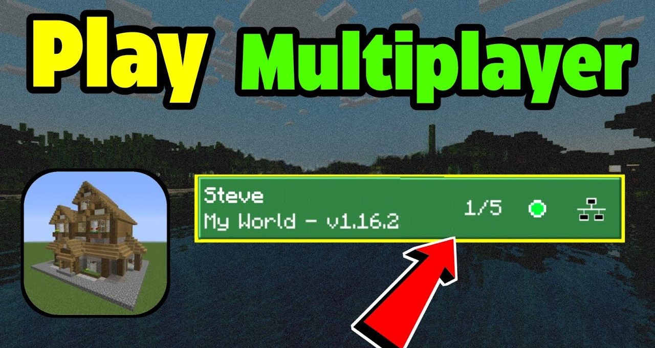 Minecraft menu screenshot showing a multiplayer world listing with house thumbnail and arrow
