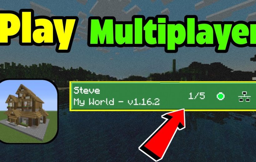 Minecraft menu screenshot showing a multiplayer world listing with house thumbnail and arrow