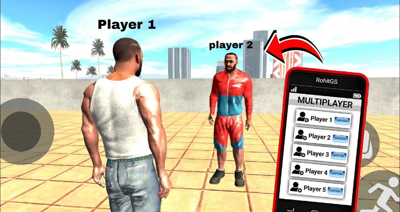 Two game characters labeled Player 1 and Player 2 on rooftop, phone menu visible