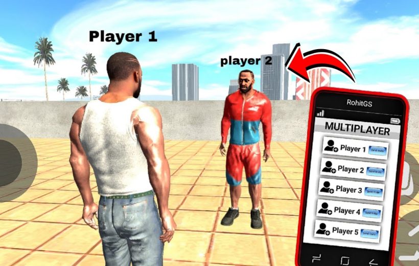 Two game characters labeled Player 1 and Player 2 on rooftop, phone menu visible