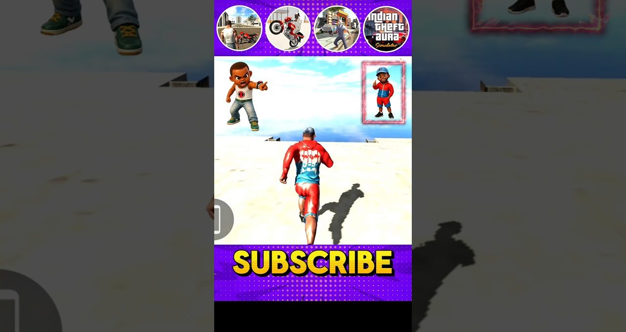 Mobile game screenshot showing a character running toward a beach with "SUBSCRIBE" banner