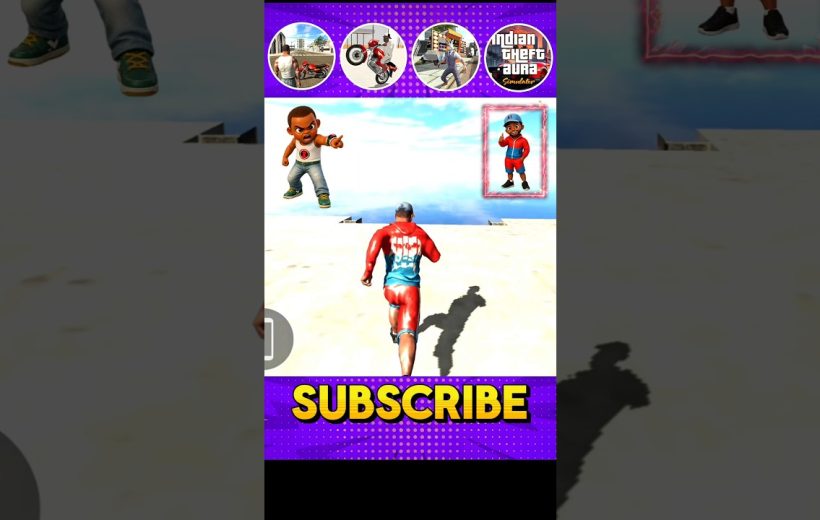 Mobile game screenshot showing a character running toward a beach with "SUBSCRIBE" banner