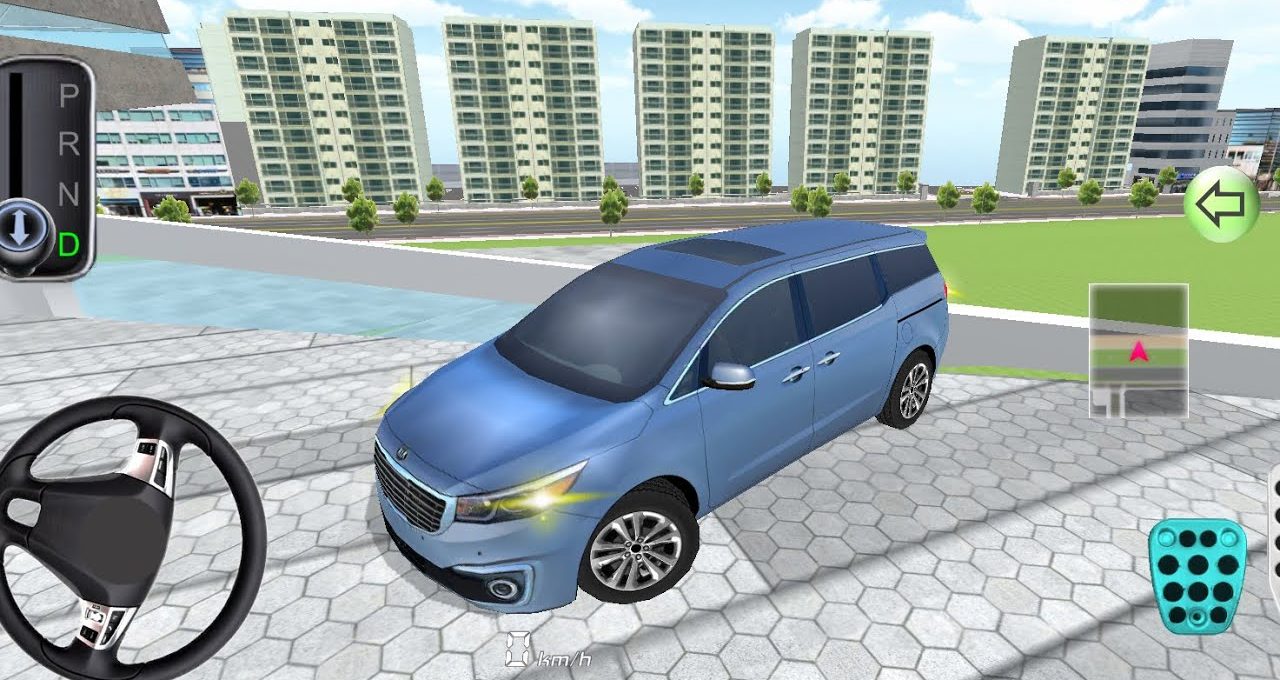 Blue minivan parked on a tiled plaza in front of modern apartment buildings