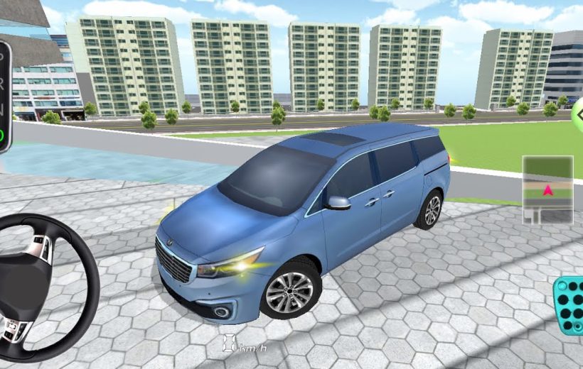 Blue minivan parked on a tiled plaza in front of modern apartment buildings