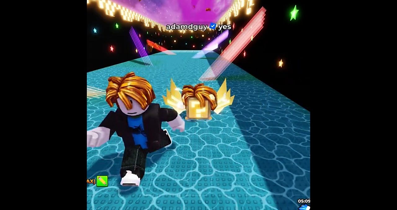 Roblox avatar running on glowing turquoise obstacle course with floating stars and effects