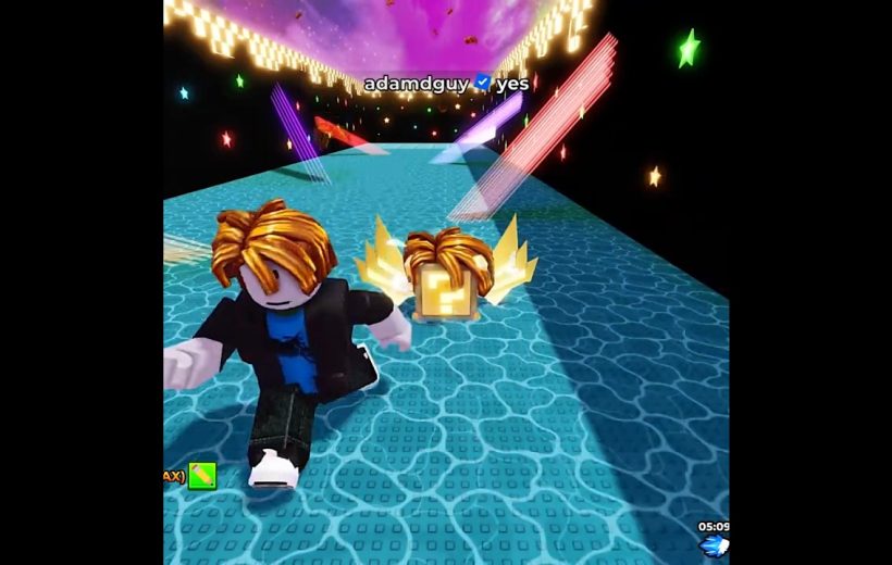 Roblox avatar running on glowing turquoise obstacle course with floating stars and effects