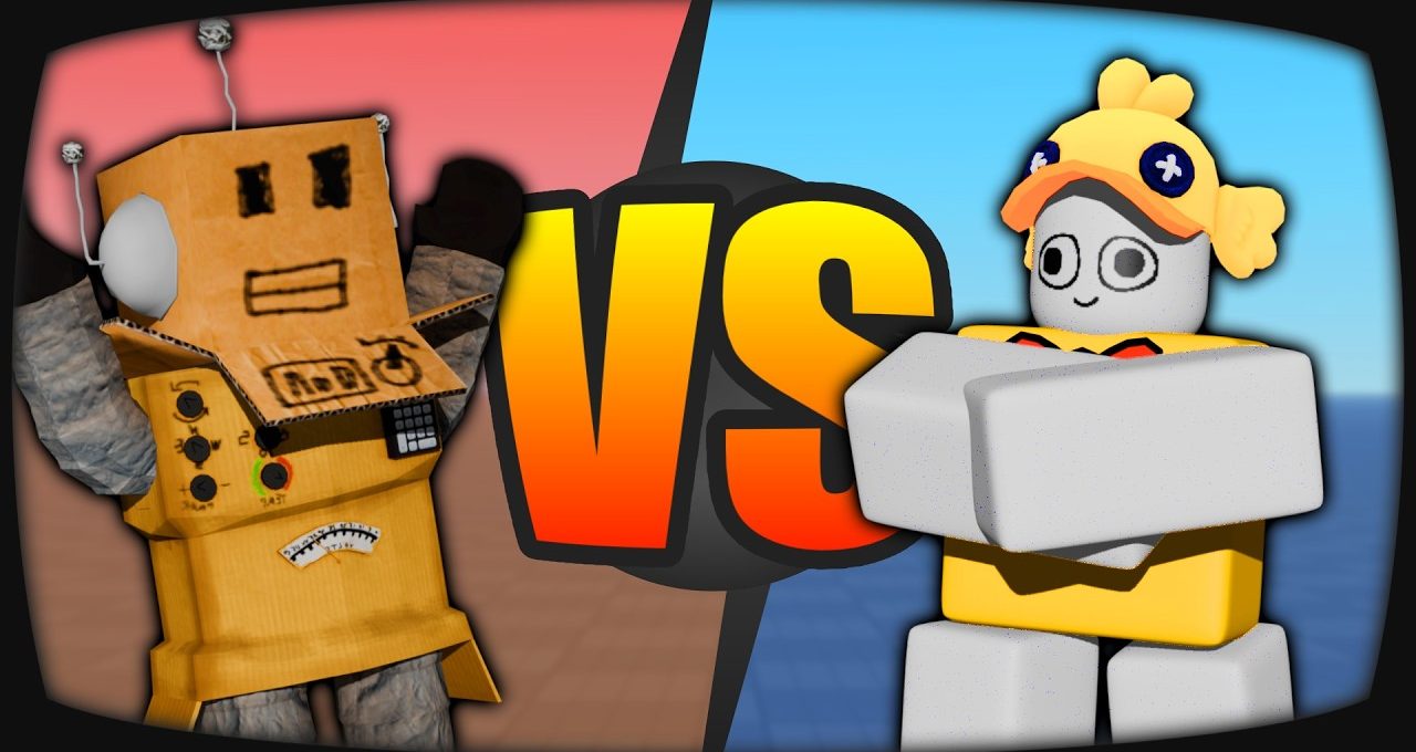 Cardboard robot and blocky character face off with large VS graphic between them