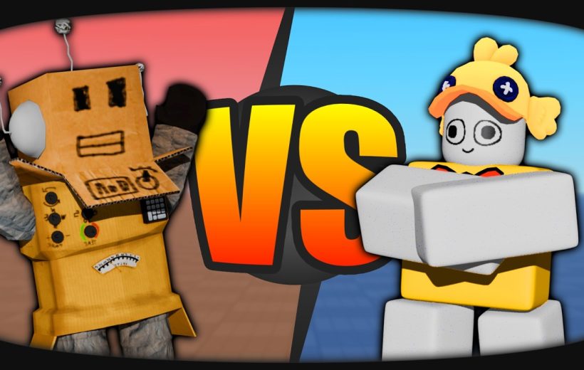 Cardboard robot and blocky character face off with large VS graphic between them