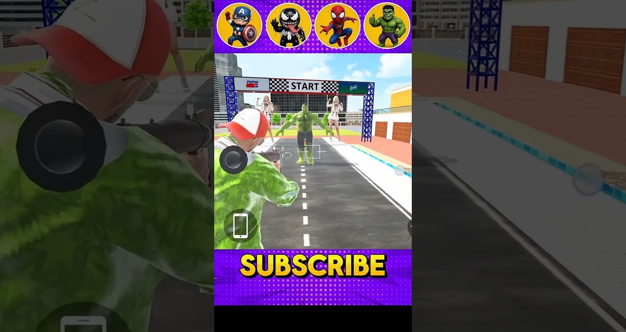 Soldier aiming rocket launcher at a green superhero standing under a race start banner