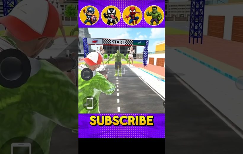 Soldier aiming rocket launcher at a green superhero standing under a race start banner