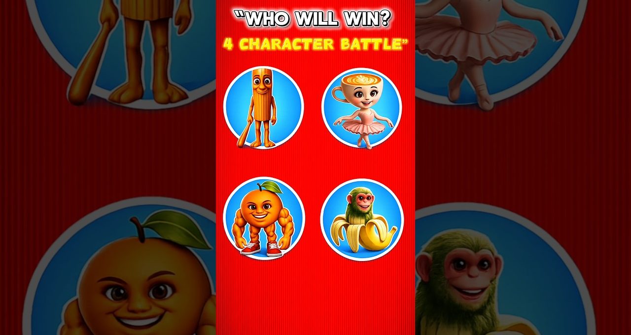 Four colorful cartoon characters (stick, ballerina, muscular orange, banana monkey) in circles