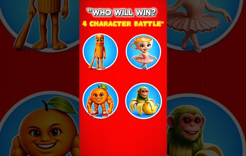 Four colorful cartoon characters (stick, ballerina, muscular orange, banana monkey) in circles
