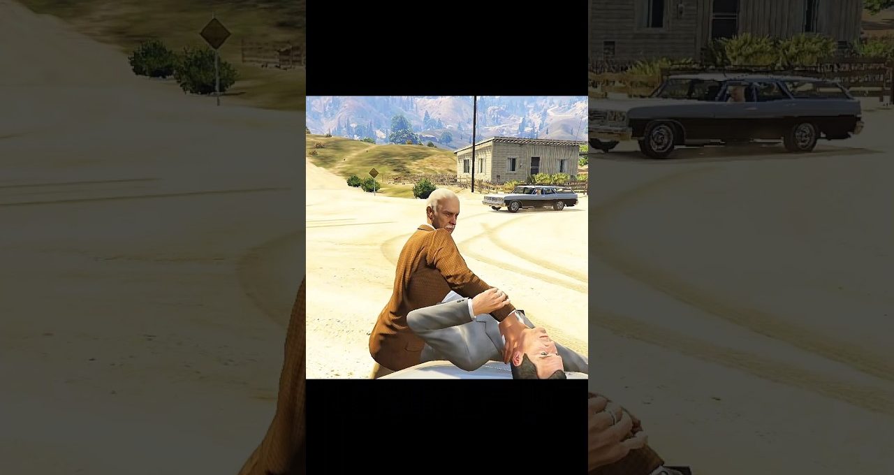 Elderly man in brown jacket restraining another man on a dusty road near house