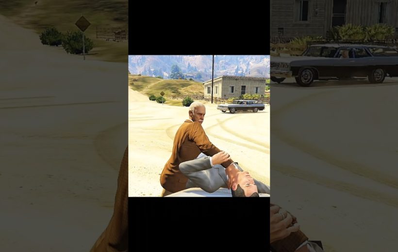 Elderly man in brown jacket restraining another man on a dusty road near house