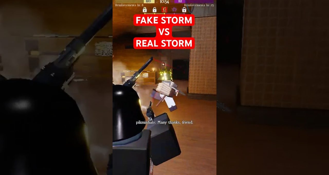First-person shooter view showing two Roblox characters fighting inside a dimly lit room