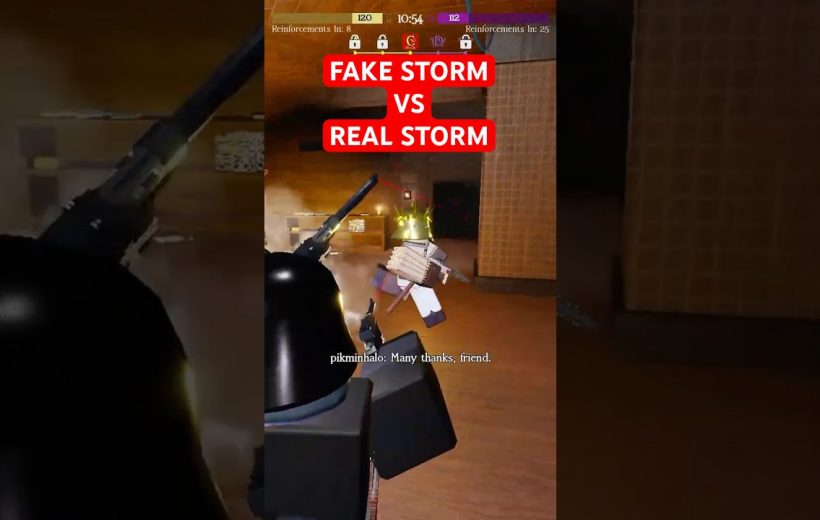 First-person shooter view showing two Roblox characters fighting inside a dimly lit room