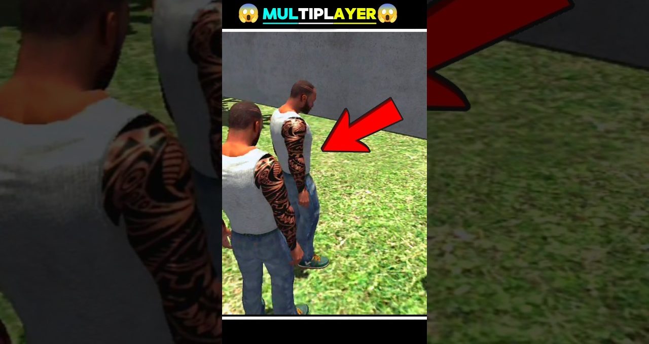 Two identical male avatars with full sleeve tribal tattoos standing on grass outdoors