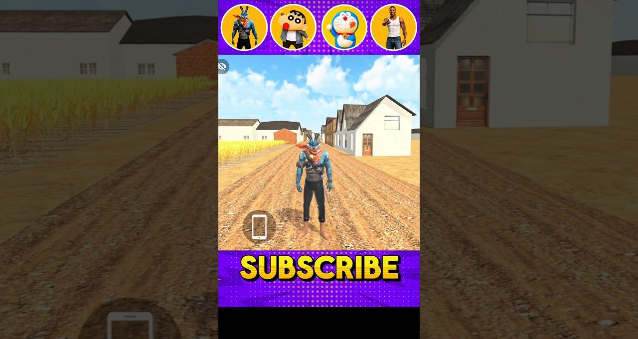 Blue armored character standing on a dirt road in a village with houses nearby