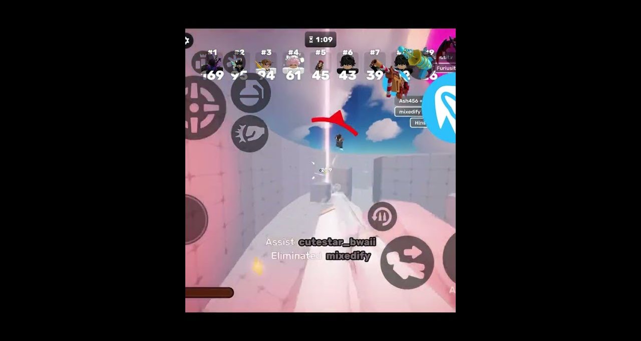 Colorful mobile game screenshot showing a player aiming and eliminating an opponent midair