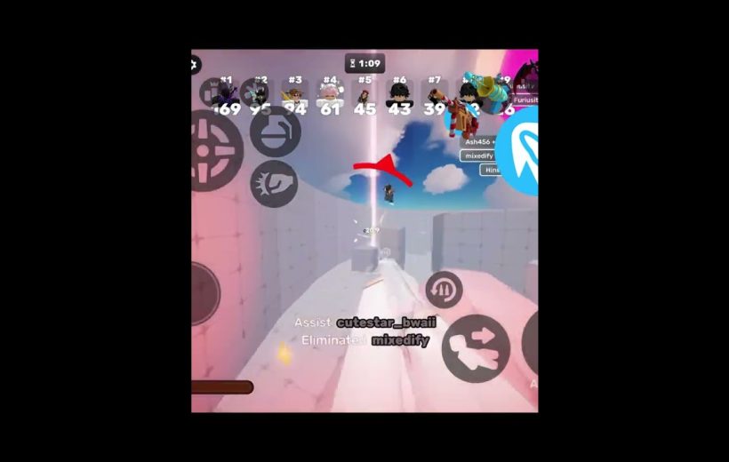 Colorful mobile game screenshot showing a player aiming and eliminating an opponent midair