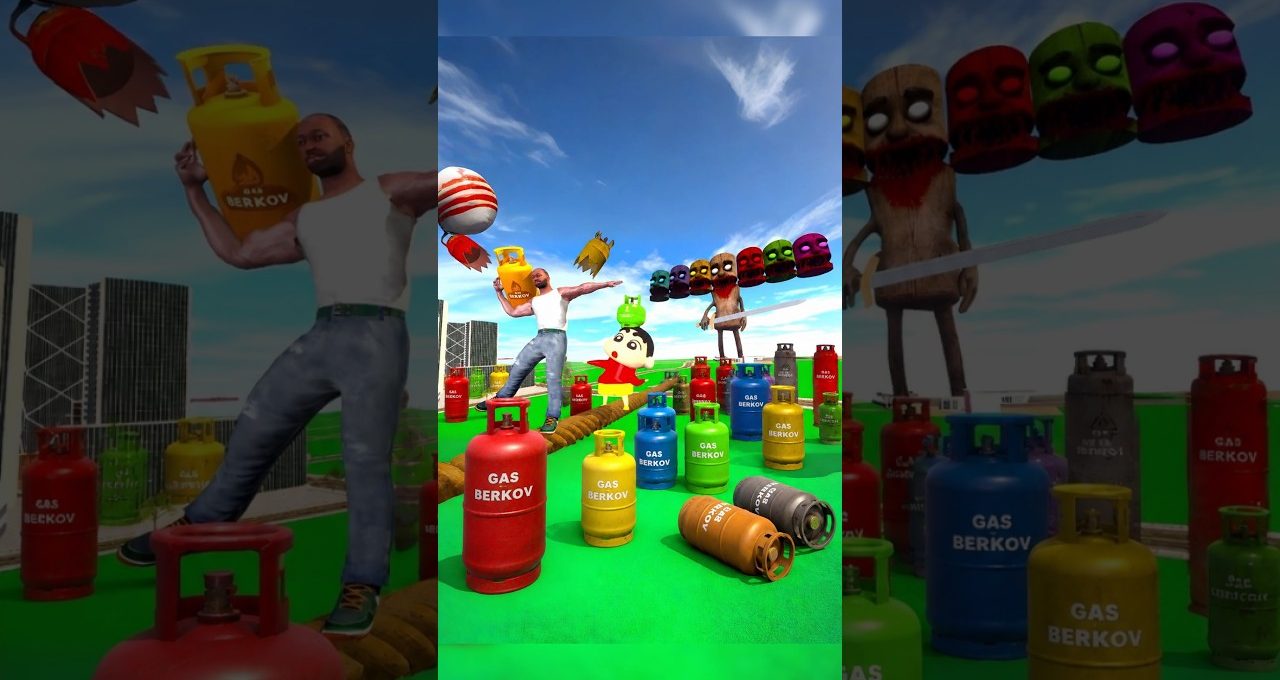 Man balancing on rope amid colorful gas cylinders and floating cartoon heads