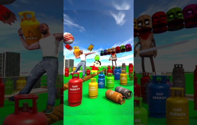 Man balancing on rope amid colorful gas cylinders and floating cartoon heads