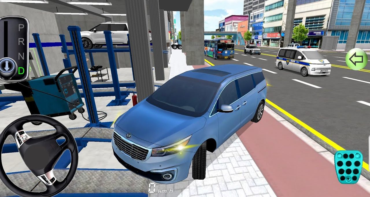 Blue minivan parked partly on sidewalk outside garage with city traffic nearby