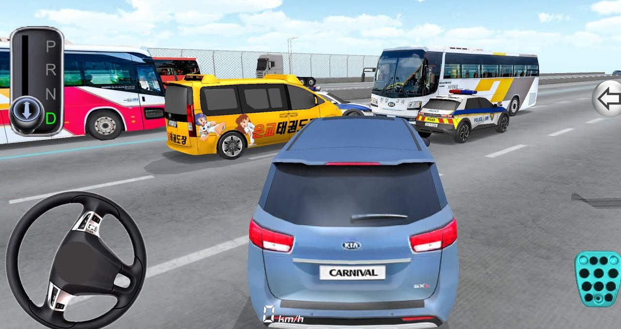 Blue Kia Carnival minivan navigating heavy traffic with buses, police car, and yellow van