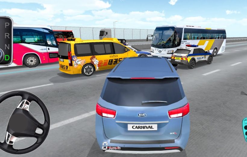 Blue Kia Carnival minivan navigating heavy traffic with buses, police car, and yellow van