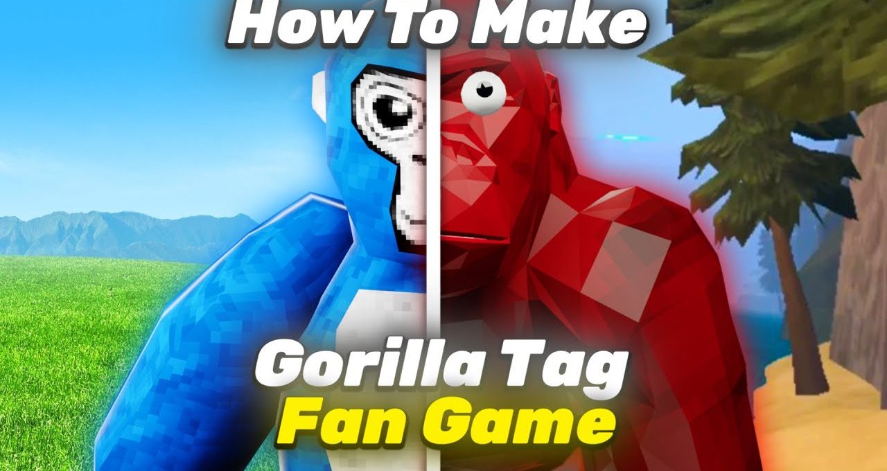 Split-screen blue and red stylized gorilla characters with grassy and tropical backgrounds, tutorial text.