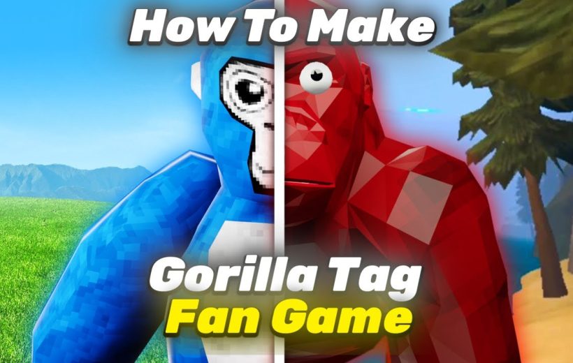 Split-screen blue and red stylized gorilla characters with grassy and tropical backgrounds, tutorial text.