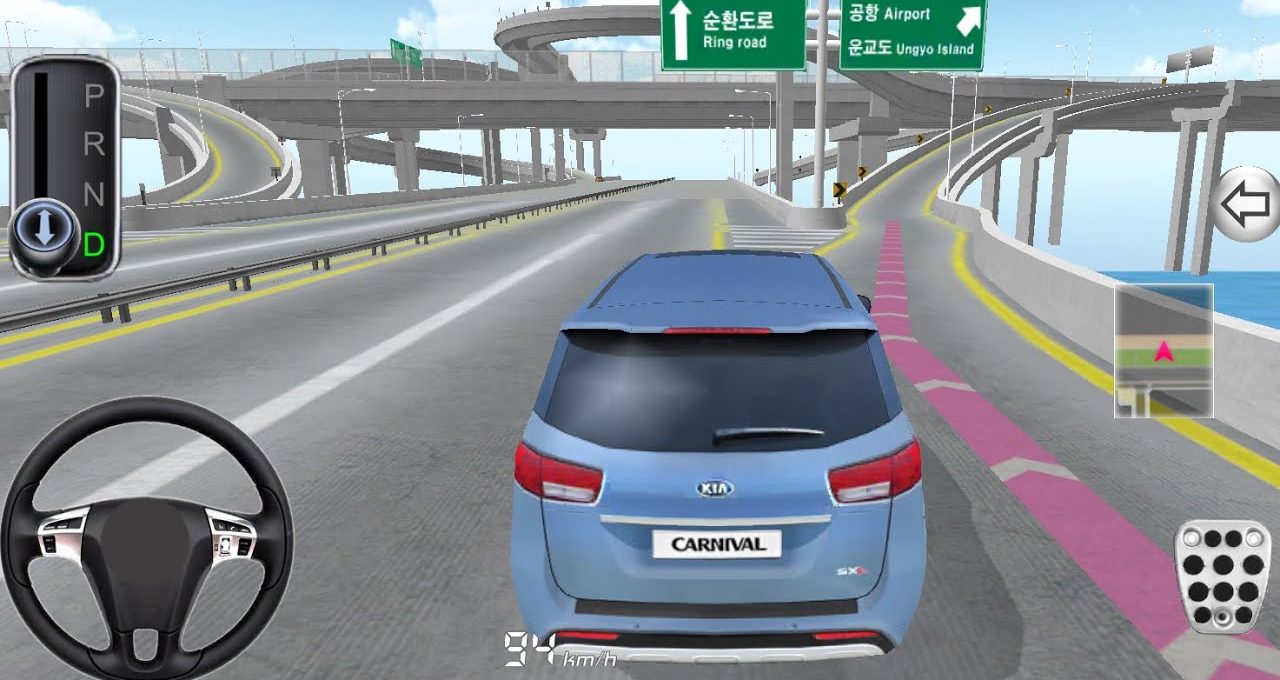 Blue Kia Carnival driving on elevated highway ramps toward airport and ring road signs