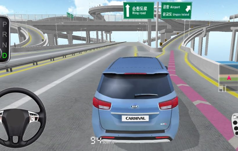 Blue Kia Carnival driving on elevated highway ramps toward airport and ring road signs